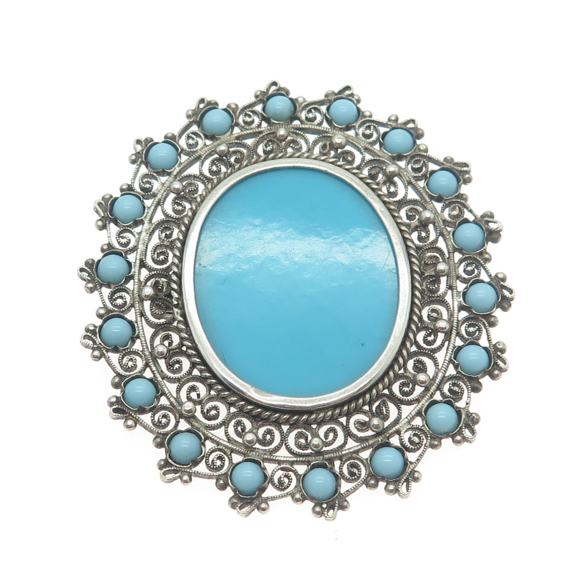 800 Silver Vintage Faux Turquoise Filigree Pin Brooch / Pendant