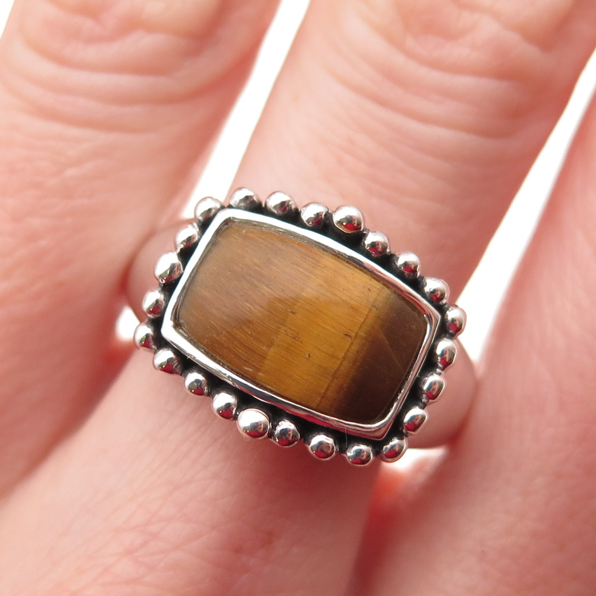 925 Sterling Silver Vintage Real Tiger Eye Modernist Beaded Ring Size 10