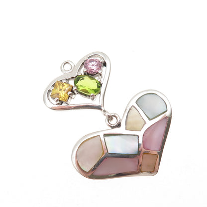 925 Sterling Silver Real MOP Peridot Citrine & Pink C Z Heart Charm Pendant