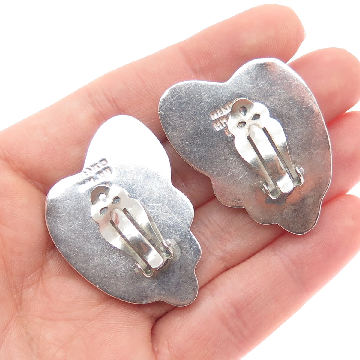 925 Sterling Silver Vintage Mexico Modernist Heart Clip On Earrings