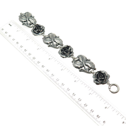 925 Sterling Silver Antique Art Deco Rose Flower Oxidized Bracelet 7.25"