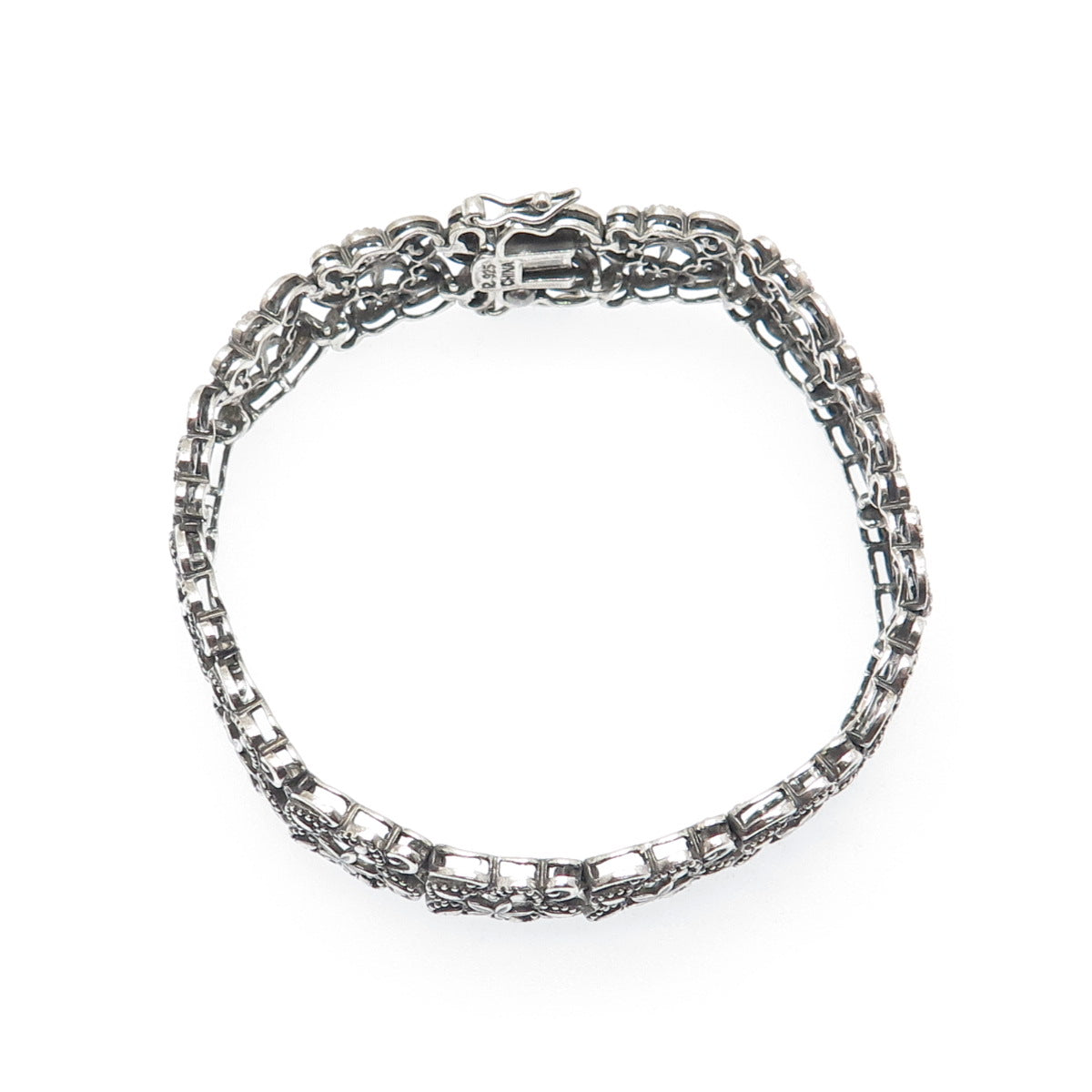 ROSS SIMONS Sterling Silver Vintage Flower & Heart Oxidized Link Bracelet 7.25"