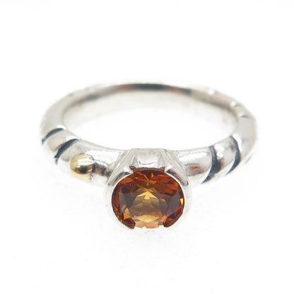 925 Sterling Silver & 18K Gold Vintage Real Round-Cut Citrine Ring Size 6.5