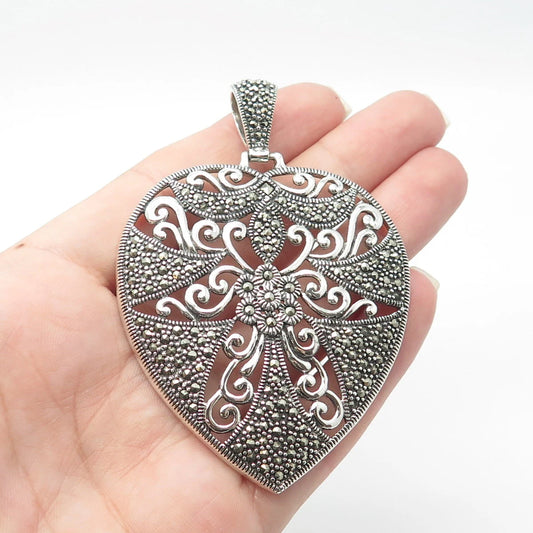 925 Sterling Silver Vintage Real Marcasite Gemstone Heart Ornate Pendant
