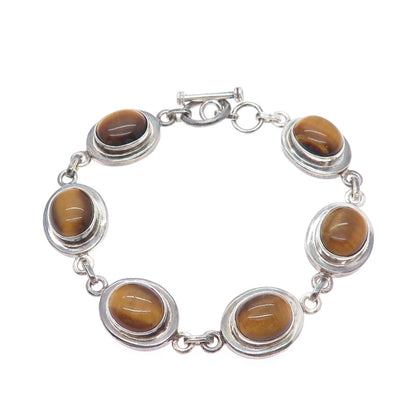 925 Sterling Silver Vintage Real Tiger Eye Station Oxidized Bracelet 7.25"