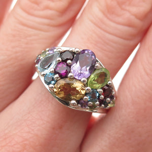 Sterling Vintage Topaz Amethyst Garnet Peridot Citrine Tourmaline Ring Size 8.25