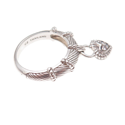 Judith Ripka 925 Sterling Silver Round-Cut C Z Heart Dangle Charm Ring Size 8