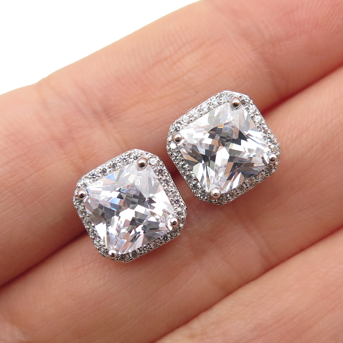 925 Sterling Silver Princess & Round-Cut C Z Stud Earrings