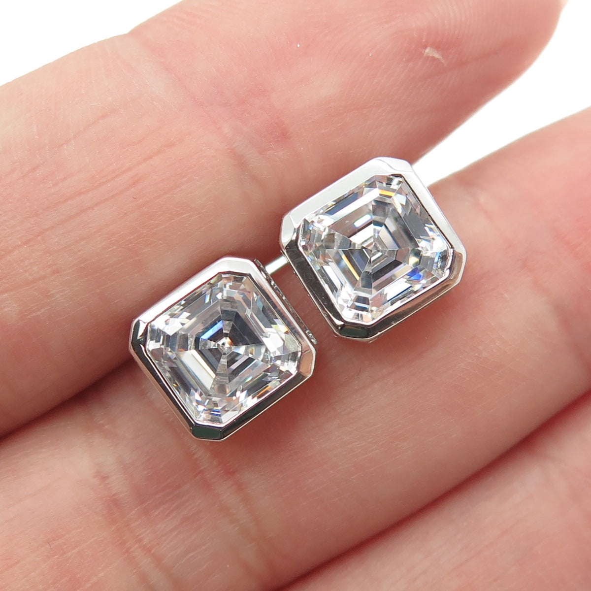 925 Sterling Silver Asscher-Cut C Z Stud Earrings