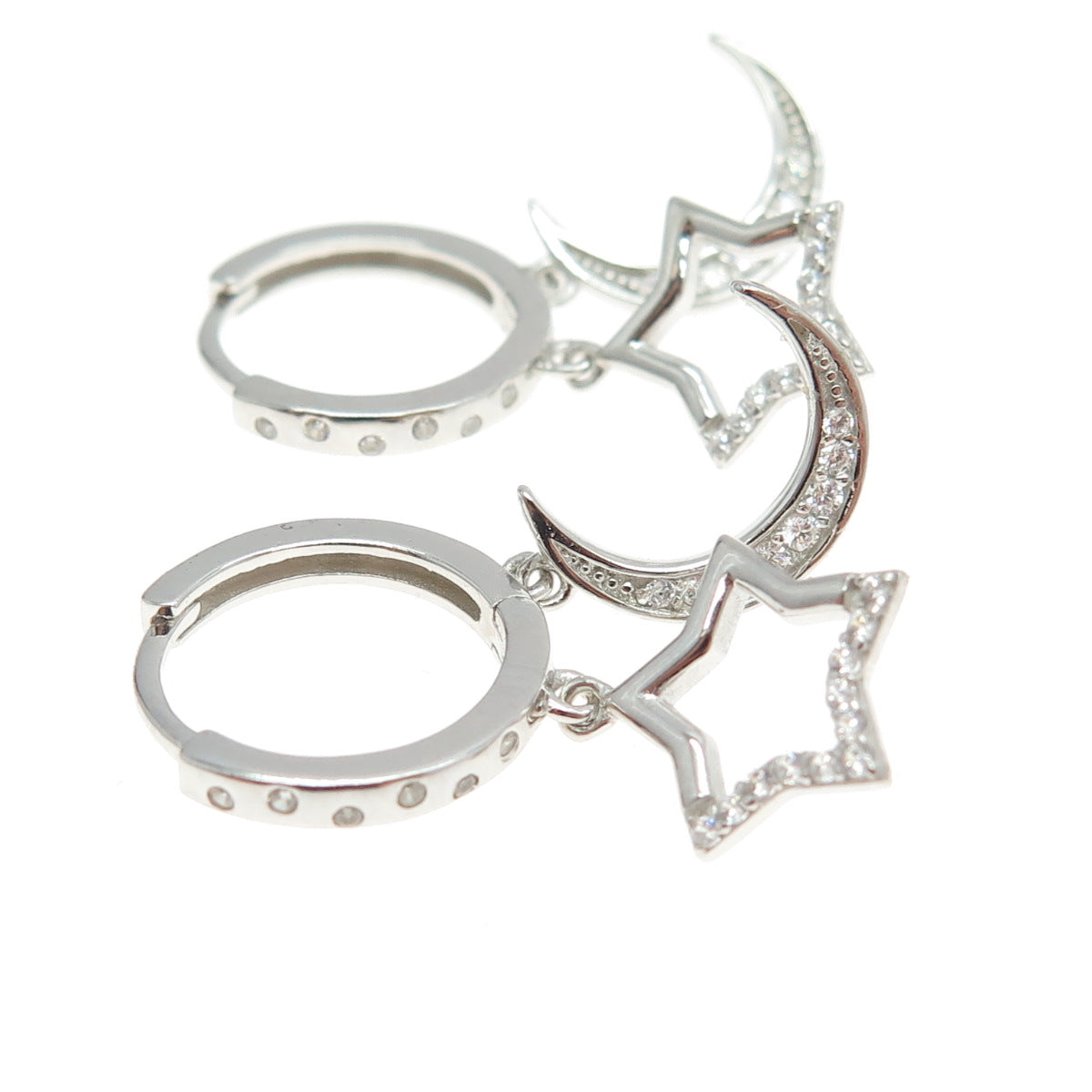 925 Sterling Silver C Z Crescent Moon & Star Dangling Earrings