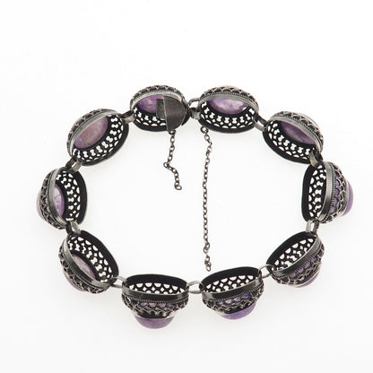 925 Sterling Silver Antique Art Deco Germany Real Amethyst Bracelet 6.75"
