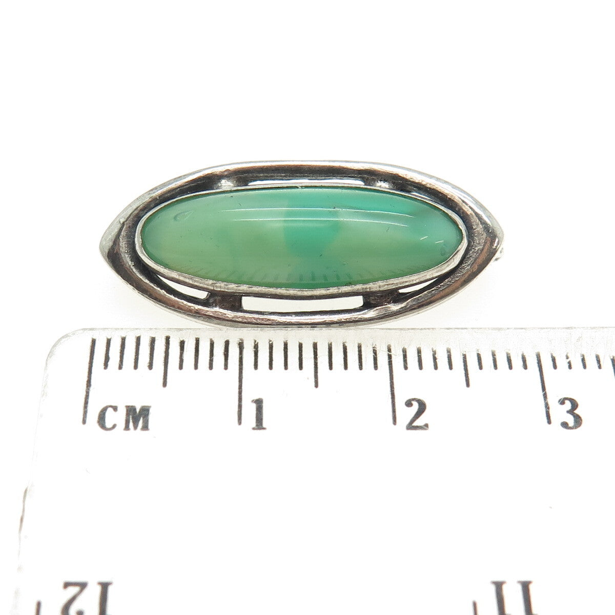 925 Sterling Silver Antique Green Glass Oxidized Pin Brooch