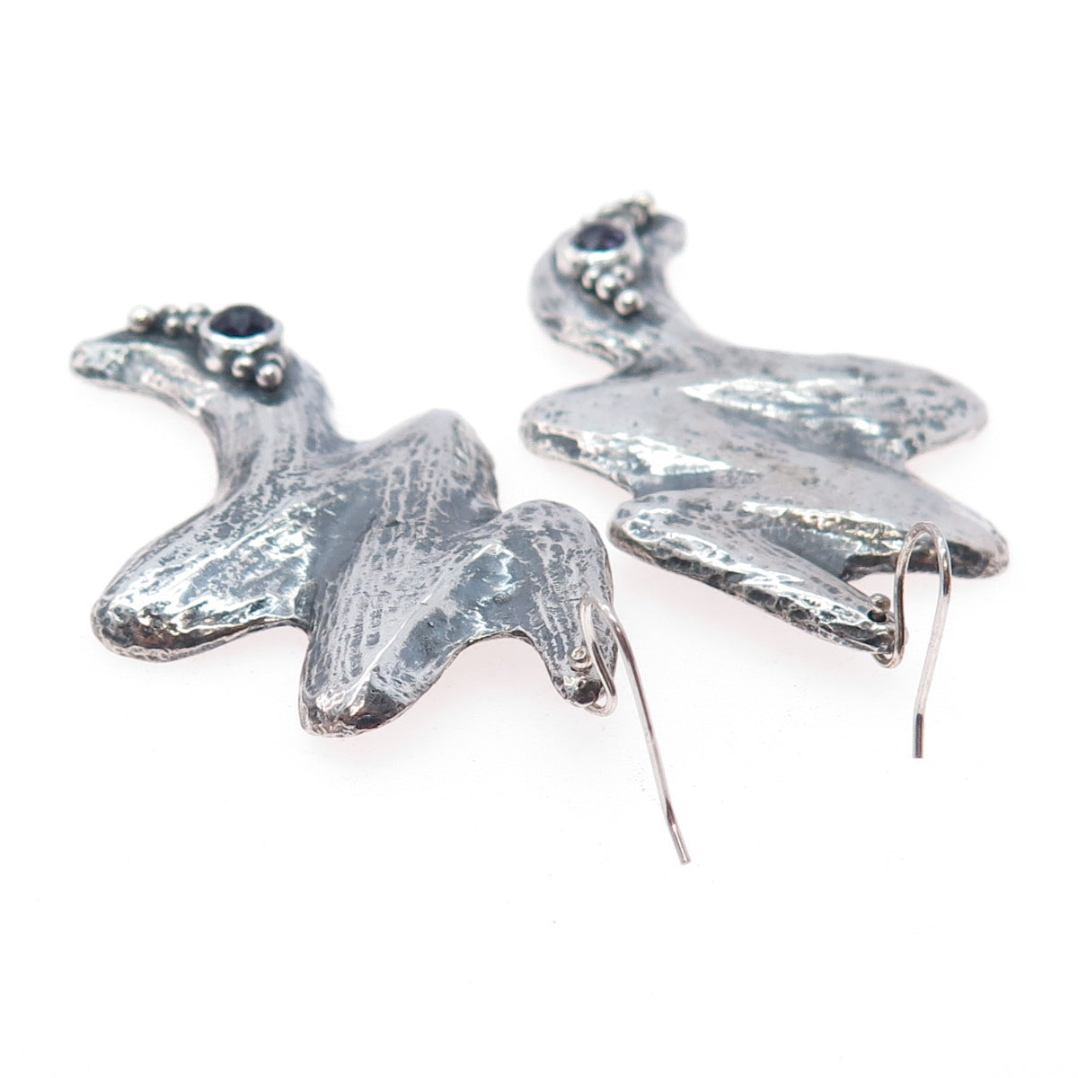 925 Sterling Silver Vintage Amethyst Modernist Zig Zag Oxidized Dangle Earrings