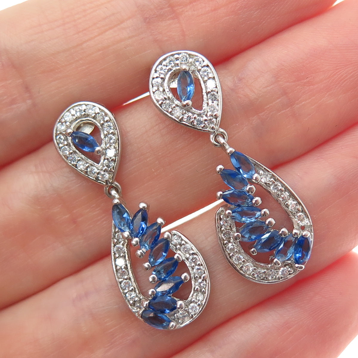 925 Sterling Silver Marquise & Round-Cut Blue White C Z Dangle Earrings