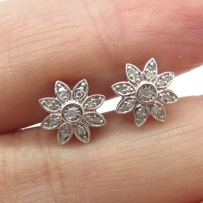 925 Sterling Silver Real Round-Cut Diamond Flower Stud Earrings