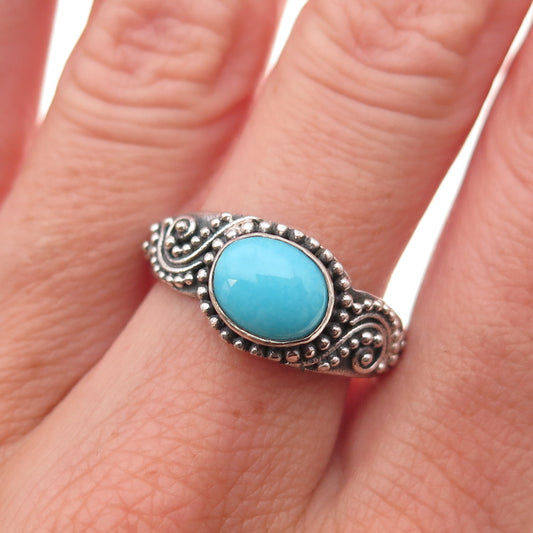 925 Sterling Silver Vintage Real Turquoise Granulated Oxidized Ring Size 8.25