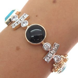 ROSS SIMONS 925 Sterling Silver 2-Tone Real Turquoise Onyx & C Z Bracelet 8"