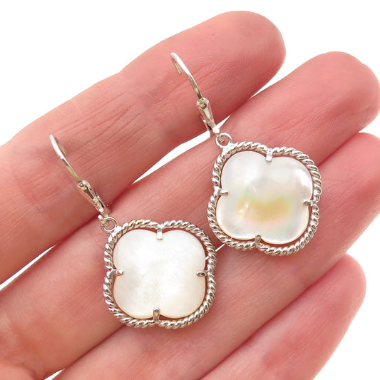 925 Sterling Silver Vintage Real MOP Floral Dangle Earrings