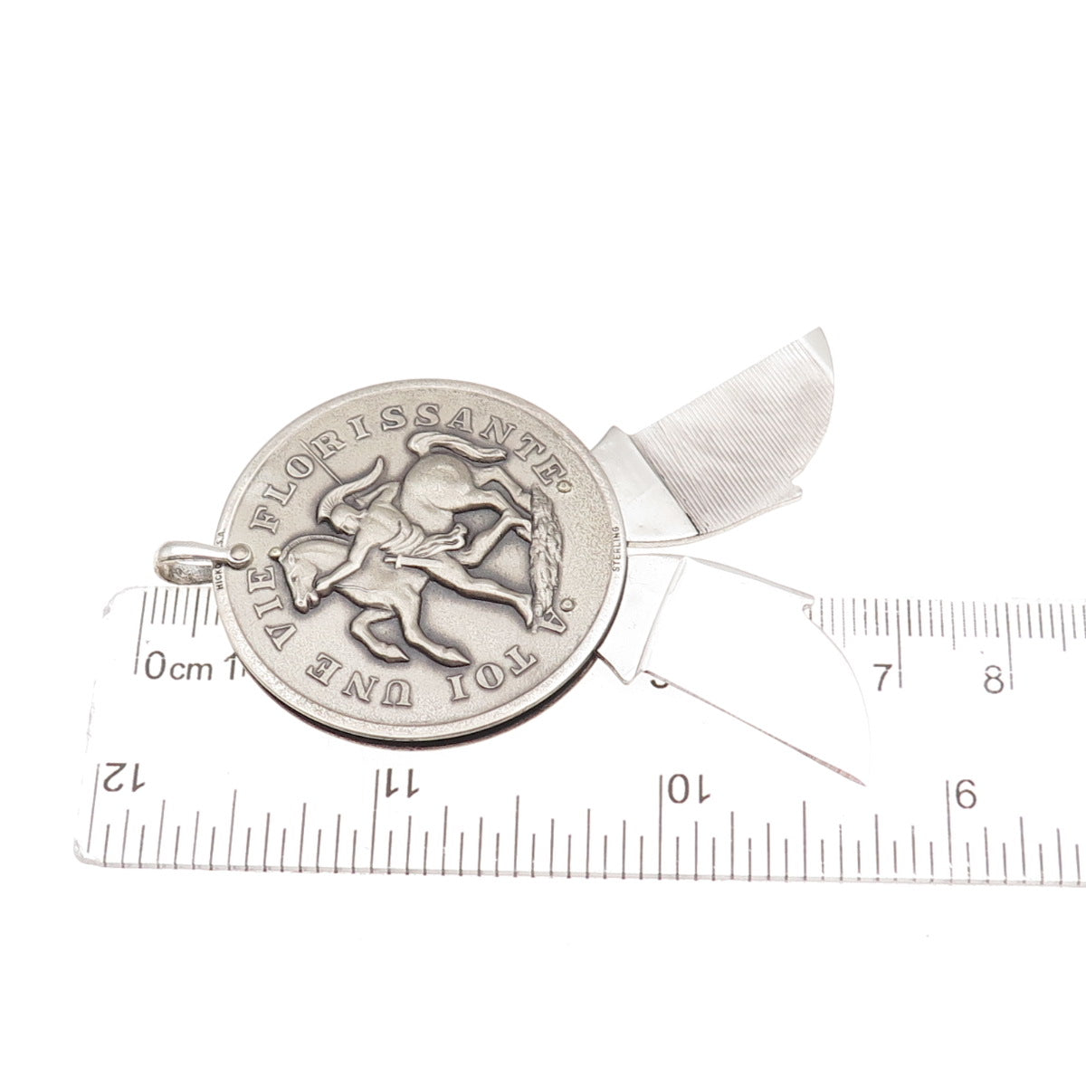 Hickok 925 Sterling Vintage "A Tuoi Une Vie Florissante" Token Knife Pendant