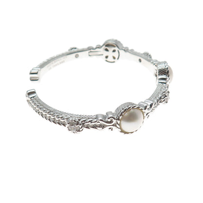 JUDITH RIPKA 925 Sterling Silver Real Pearl & C Z Adjustable Cuff Bracelet 7"