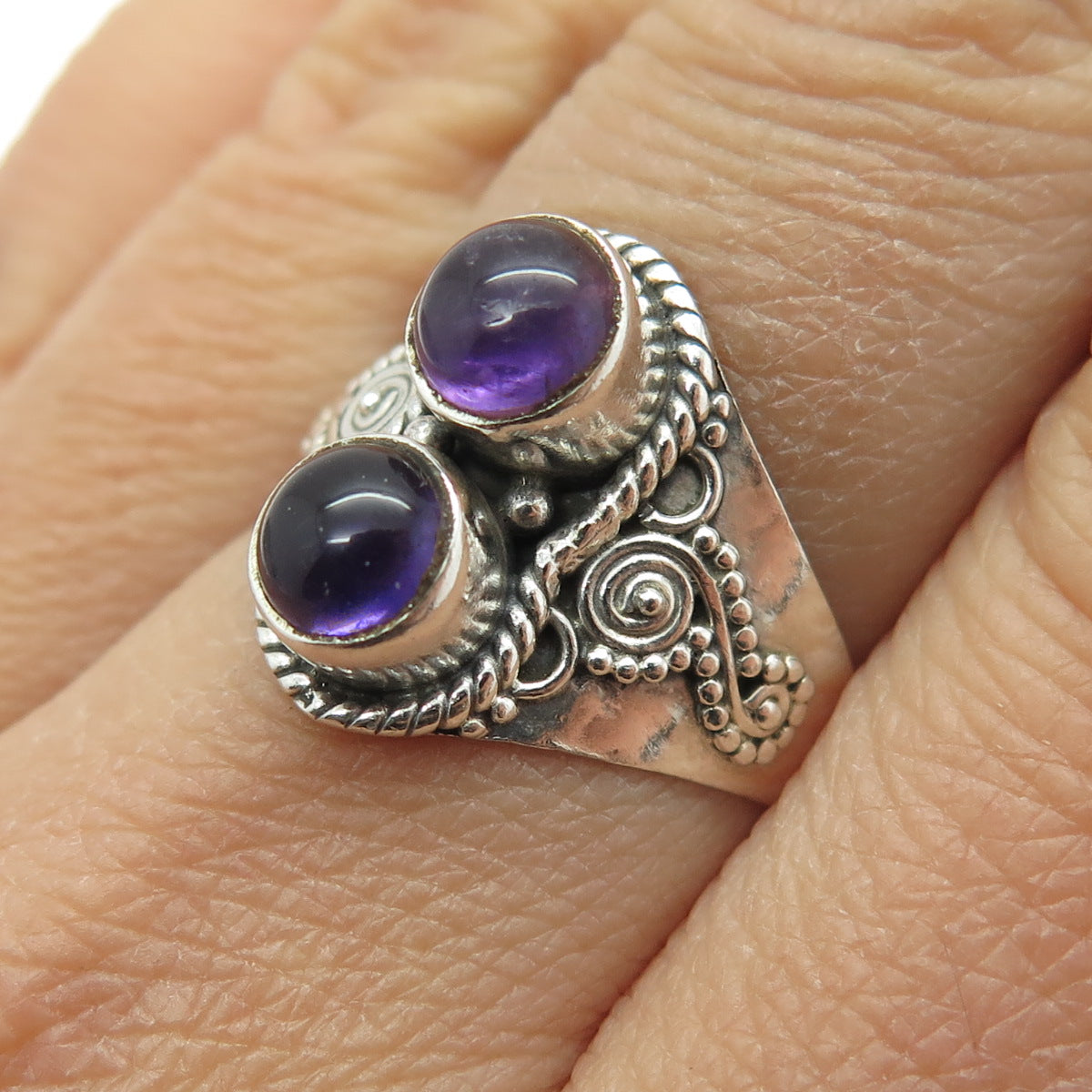 925 Sterling Silver Vintage Real Amethyst Granulated Spiral Ring Size 8