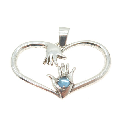 925 Sterling Silver Vintage Real Blue Topaz Hug Heart Pendant