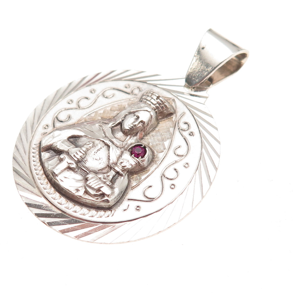 925 Sterling Silver Vintage Real Ruby Saint Barbara Religious Charm Pendant