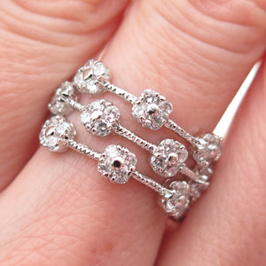 925 Sterling Silver Round-Cut C Z 3-Row Floral Ring Size 7