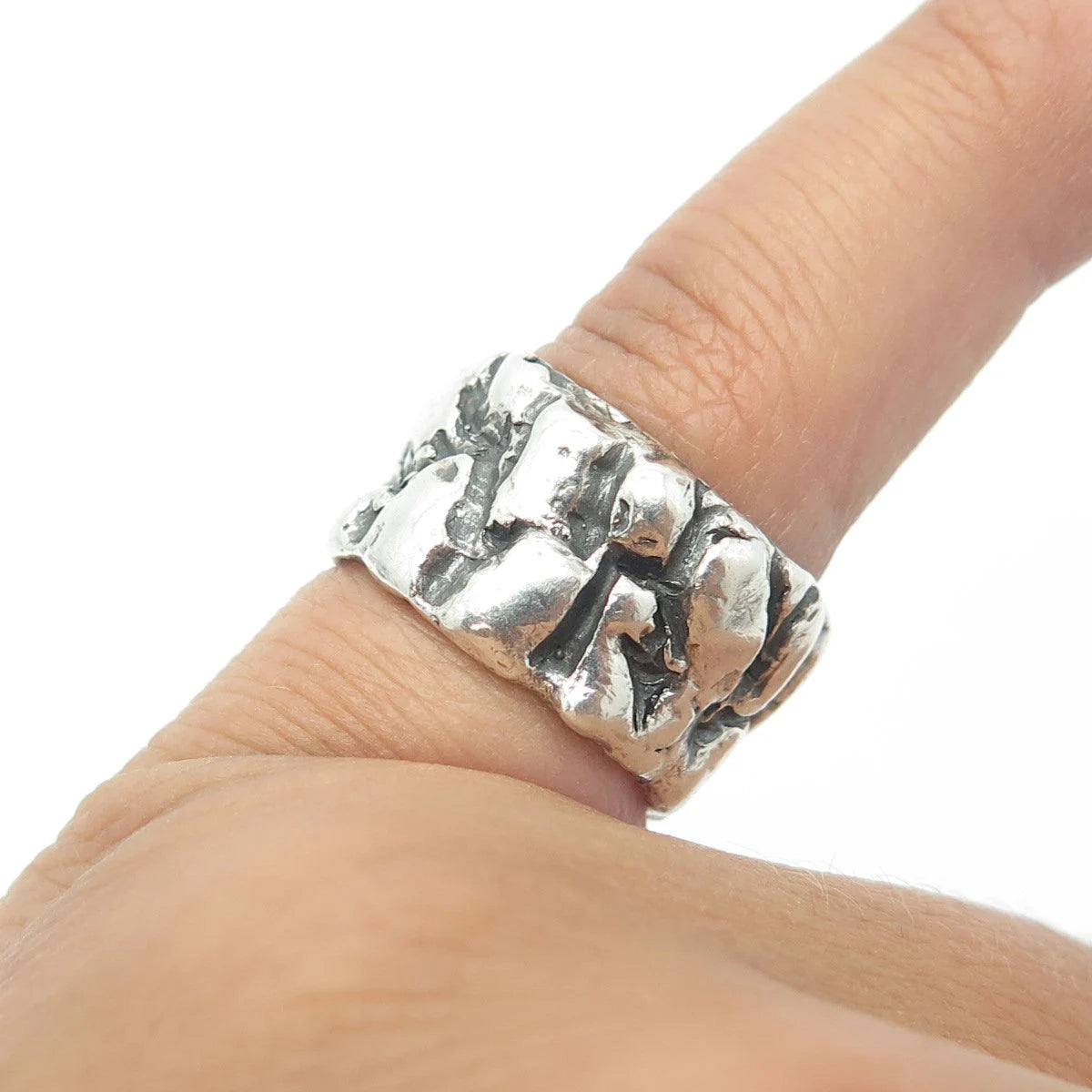 925 Sterling Silver Vintage Rock Stone Wide Band Ring Size 5