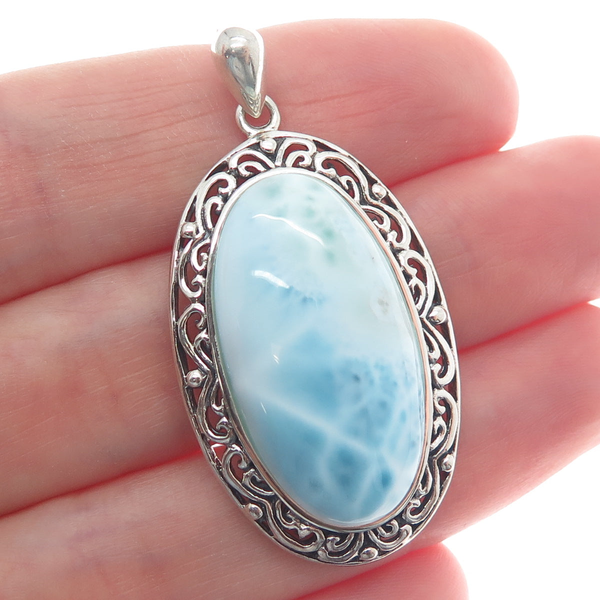 CFJ COLLINS FINE 925 Sterling Silver Real Larimar Gemstone Ornate Oval Pendant