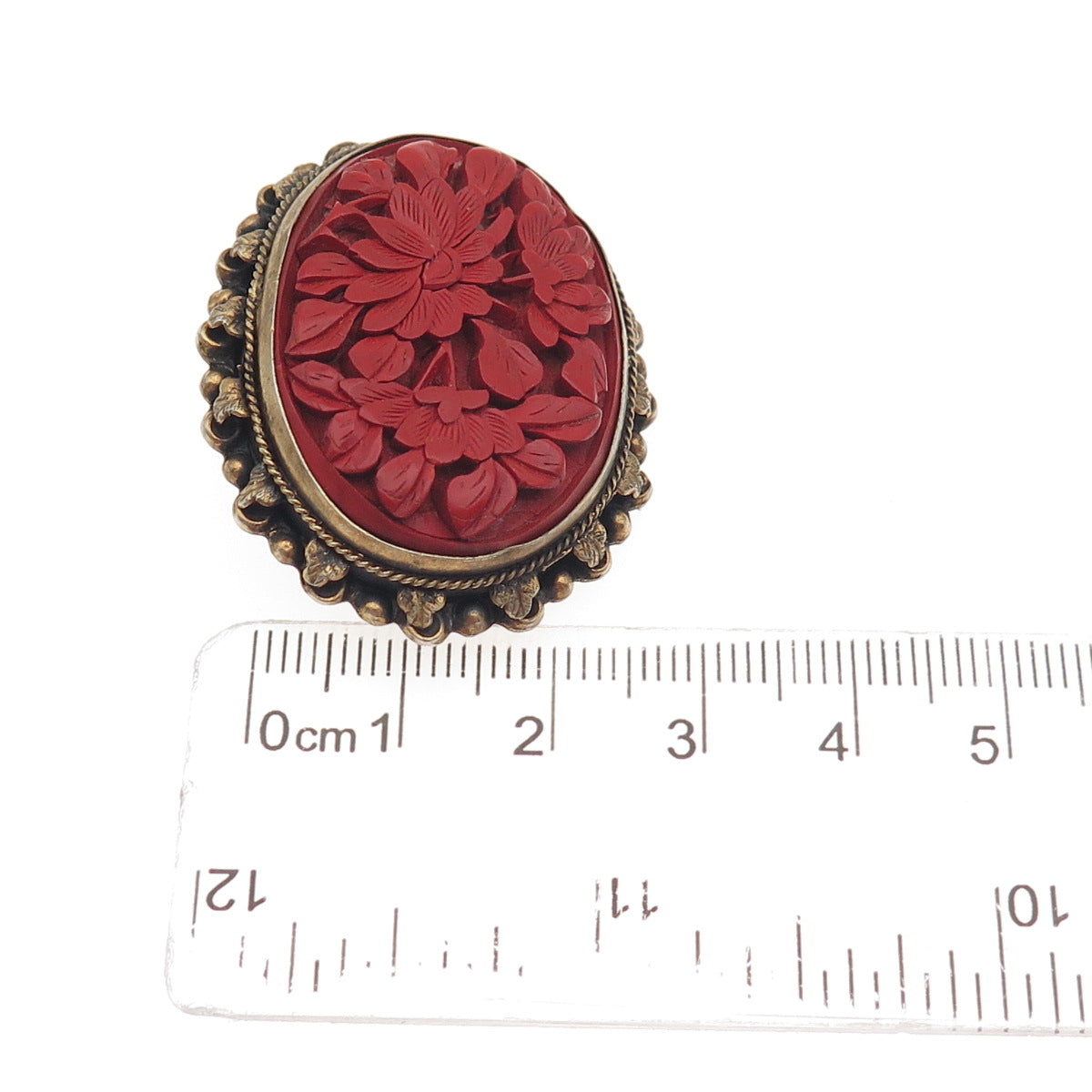 SUNG 925 Sterling Gold Plated Antique China Cinnabar Floral Brooch (missing pin)