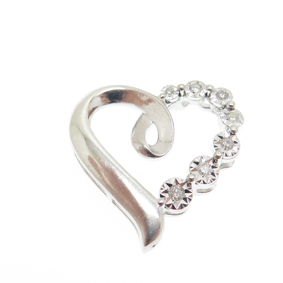 925 Sterling Silver Real Round-Cut Diamond Heart Slide Pendant