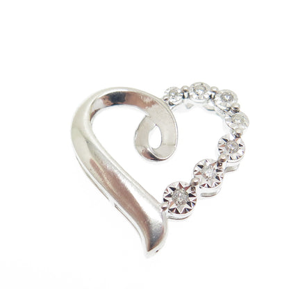 925 Sterling Silver Real Round-Cut Diamond Heart Slide Pendant