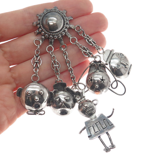 ROBYN'S 925 Sterling Vintage Children Modernist Chatelaine Oxidized Pin Brooch