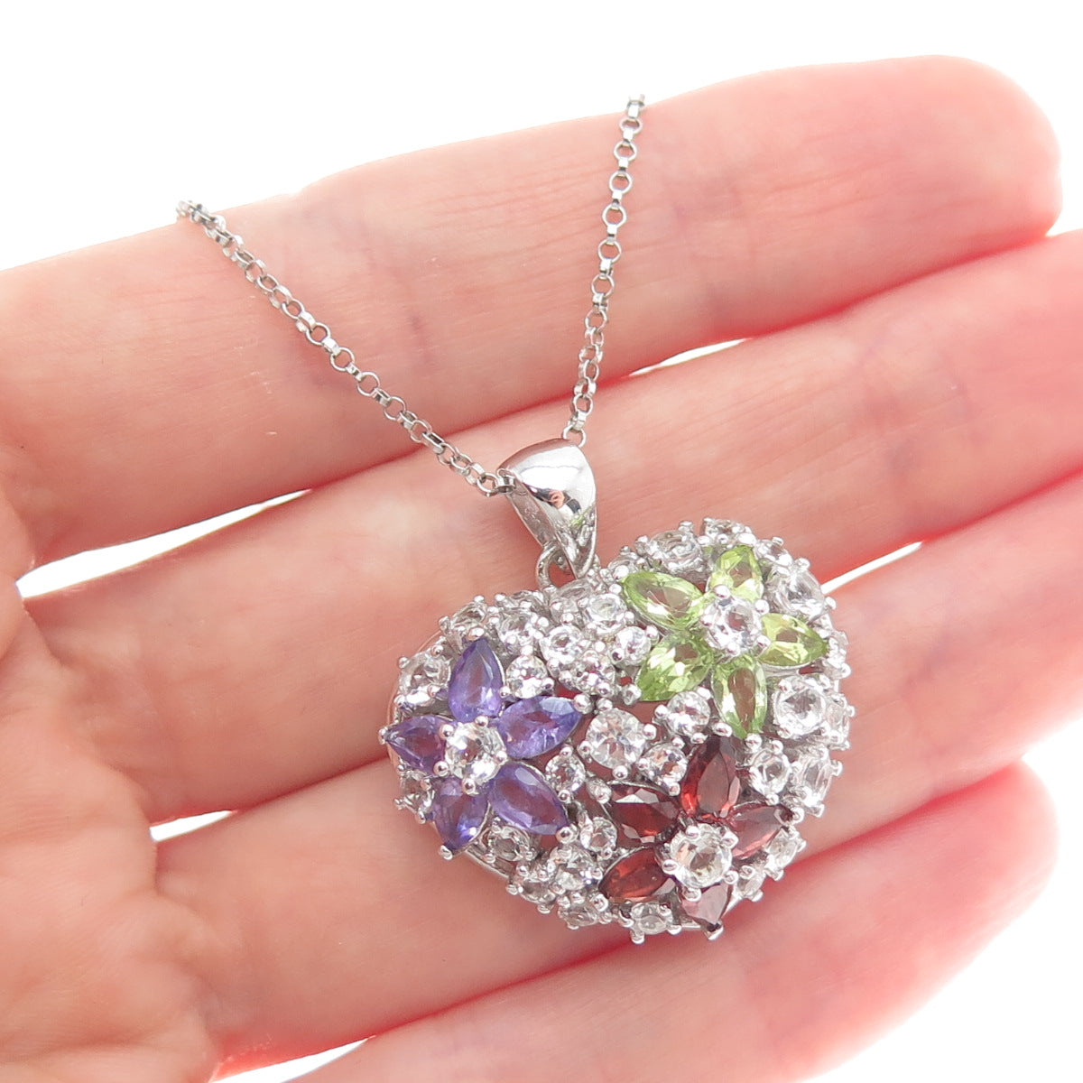 925 Sterling Silver Real Amethyst Topaz Peridot Garnet Heart Chain Necklace 18"