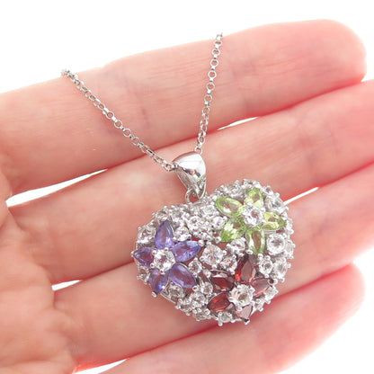 925 Sterling Silver Real Amethyst Topaz Peridot Garnet Heart Chain Necklace 18"