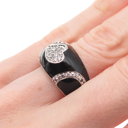 925 Sterling Silver Black Enamel Round-Cut C Z Heart Ring Size 6