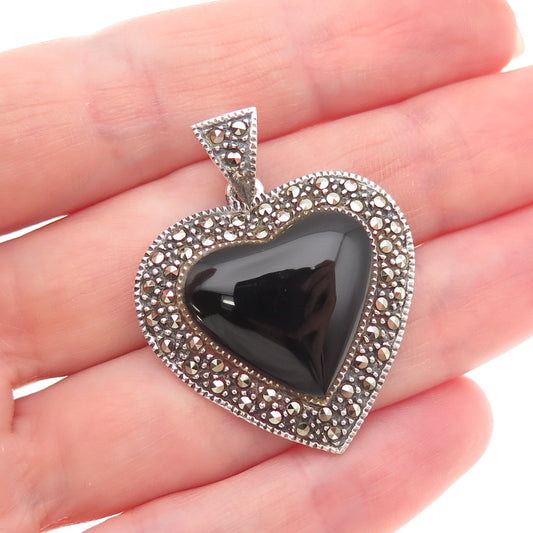 Charles Winston 925 Sterling Vintage Real Black Onyx & Marcasite Heart Pendant