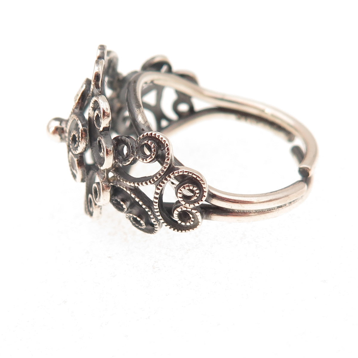 925 Sterling Silver Antique Art Deco Floral Filigree Adjustable Ring Size 5.75