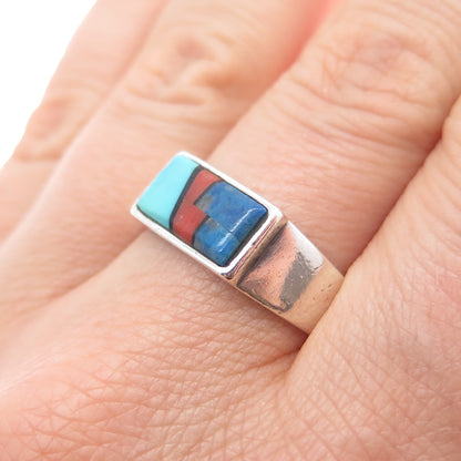 Teme Sunburst Old Pawn Sterling Silver Turquoise Coral Onyx Lapis Ring Size 9.75