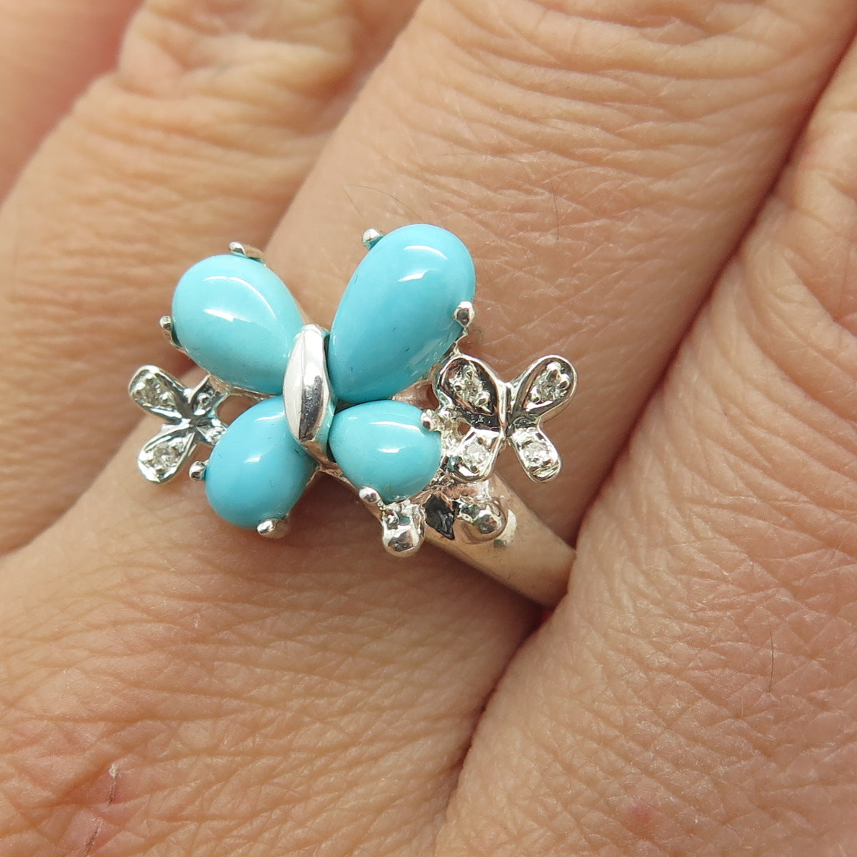 MICHELLE ALBALA 925 Sterling Silver Real Diamond Turquoise Butterfly Ring Size 9