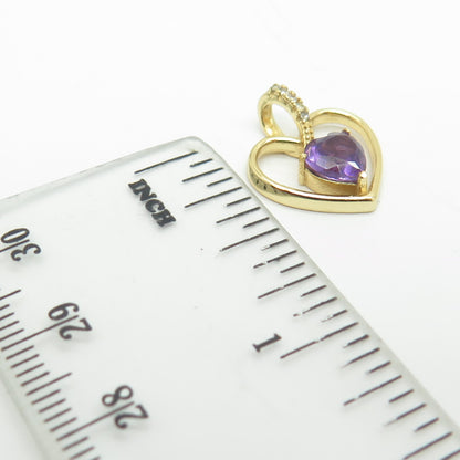 HAN 925 Sterling Silver Gold Plated Real Amethyst & White Topaz Heart Pendant