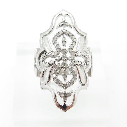 925 Sterling Silver Real Round-Cut Diamond Floral Statement Ring Size 7.25