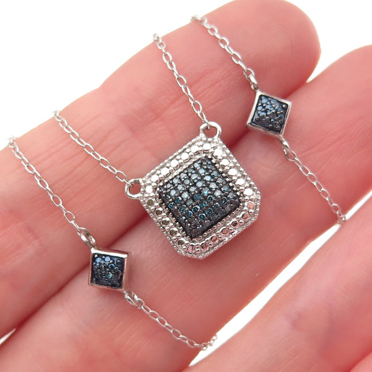 925 Sterling Silver Real Round-Cut Blue Diamond Cable Chain Necklace 18-20"