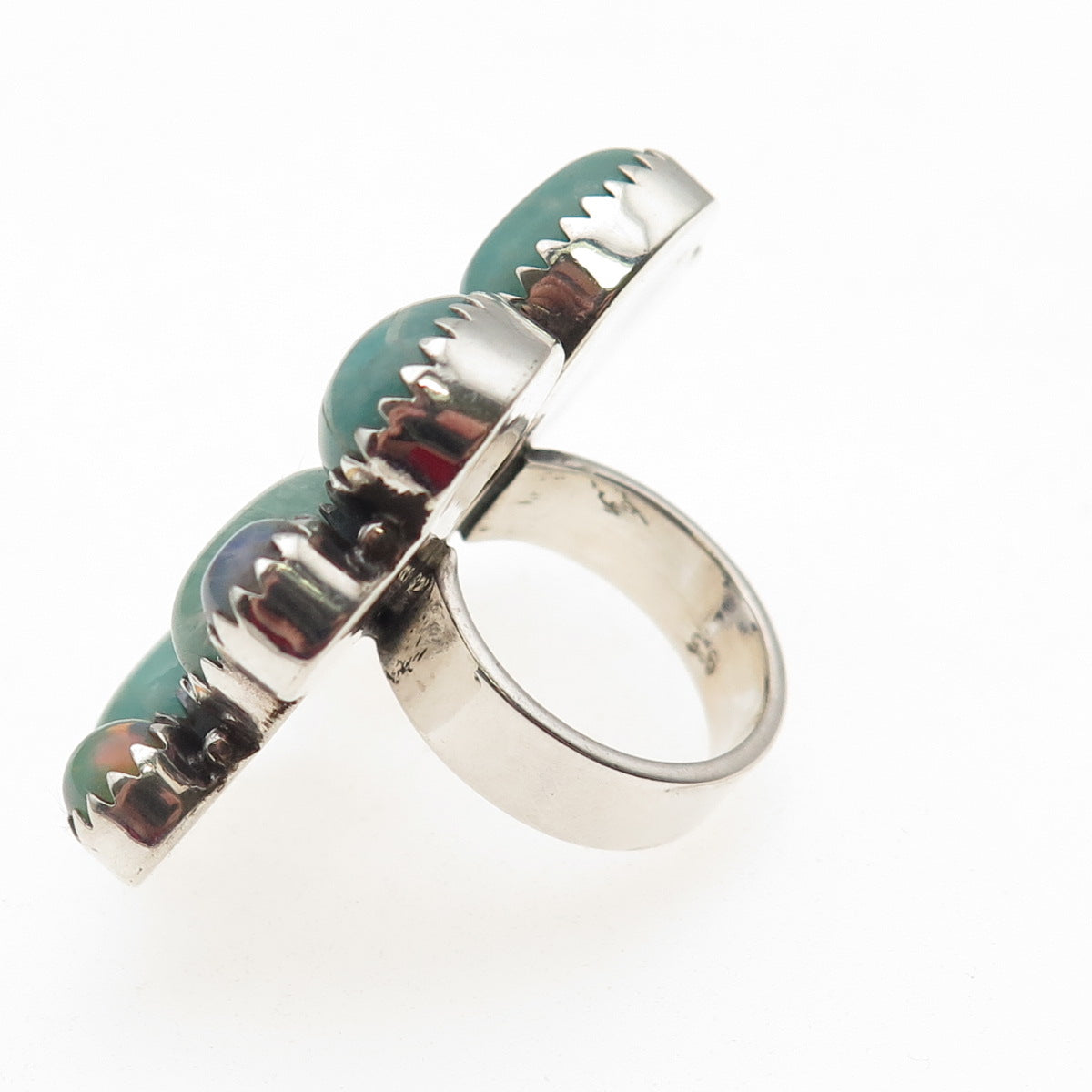 925 Sterling Vintage Real Amazonite & Opal Adjustable Statement Ring Size 7.5