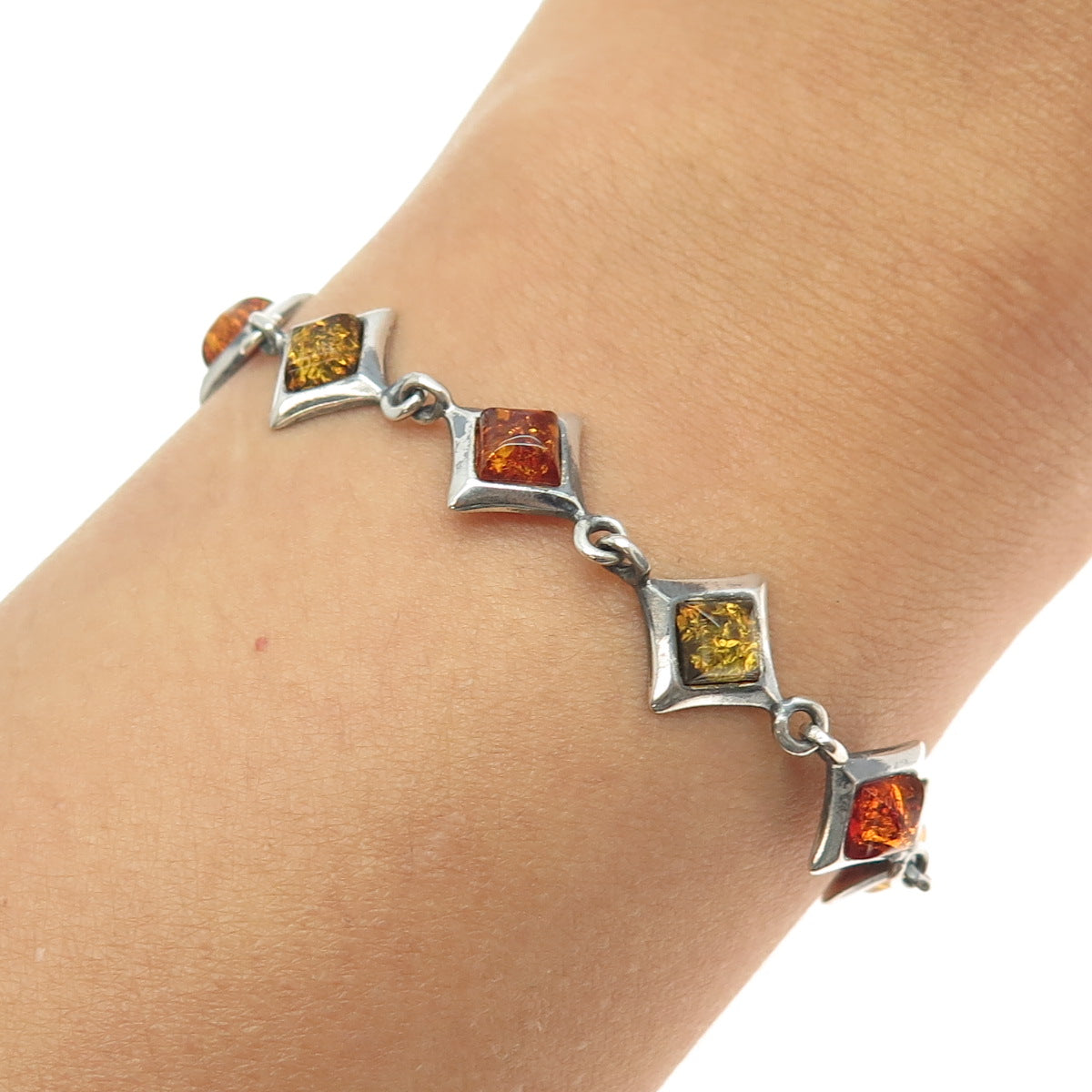 925 Sterling Silver Vintage Real Amber Geometric Link Bracelet 7.5"