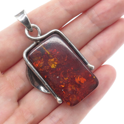 925 Sterling Silver Vintage Real Baltic Amber Leaf Modernist Oxidized Pendant