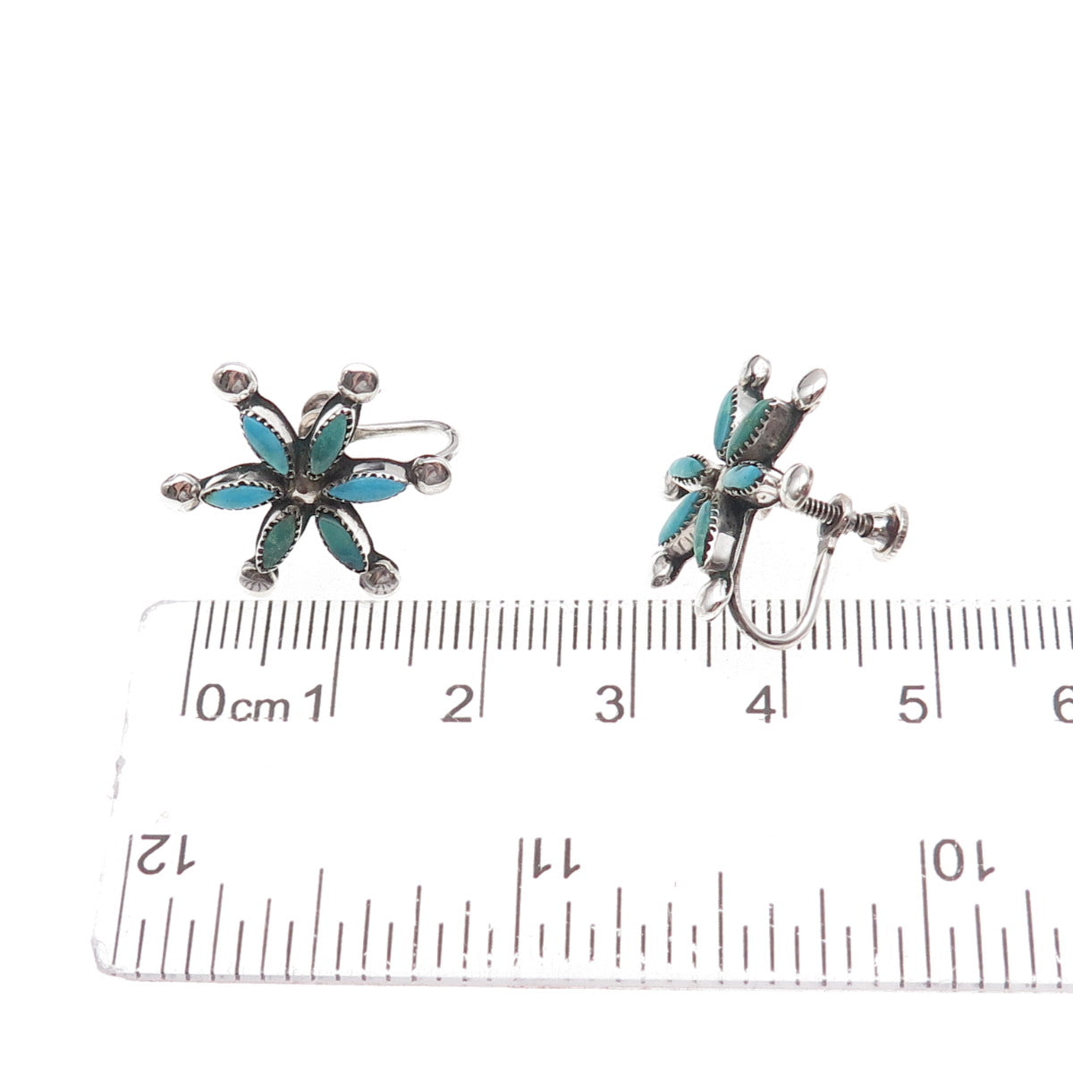 Old Pawn 925 Sterling Silver Vintage Turquoise Floral Tribal Screw Back Earrings