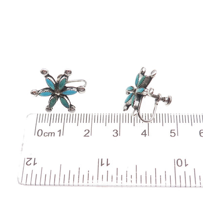 Old Pawn 925 Sterling Silver Vintage Turquoise Floral Tribal Screw Back Earrings