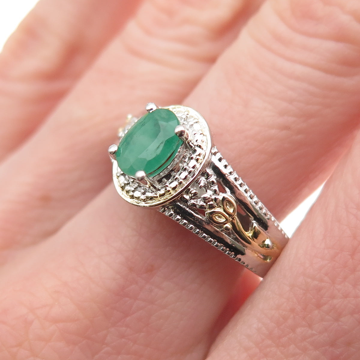 Chuck Clemency 925 Sterling Silver 2-Tone Real Diamond & Emerald Ring Size 8.25
